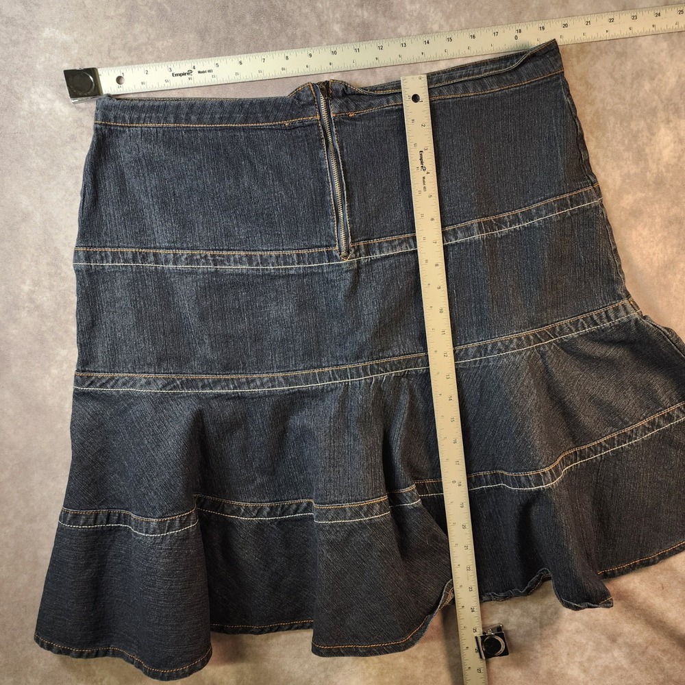 Vintage DG Drama Gold Tiered Denim Skirt Size 16 Y2K Ruffle Hem Dark‎ Wash